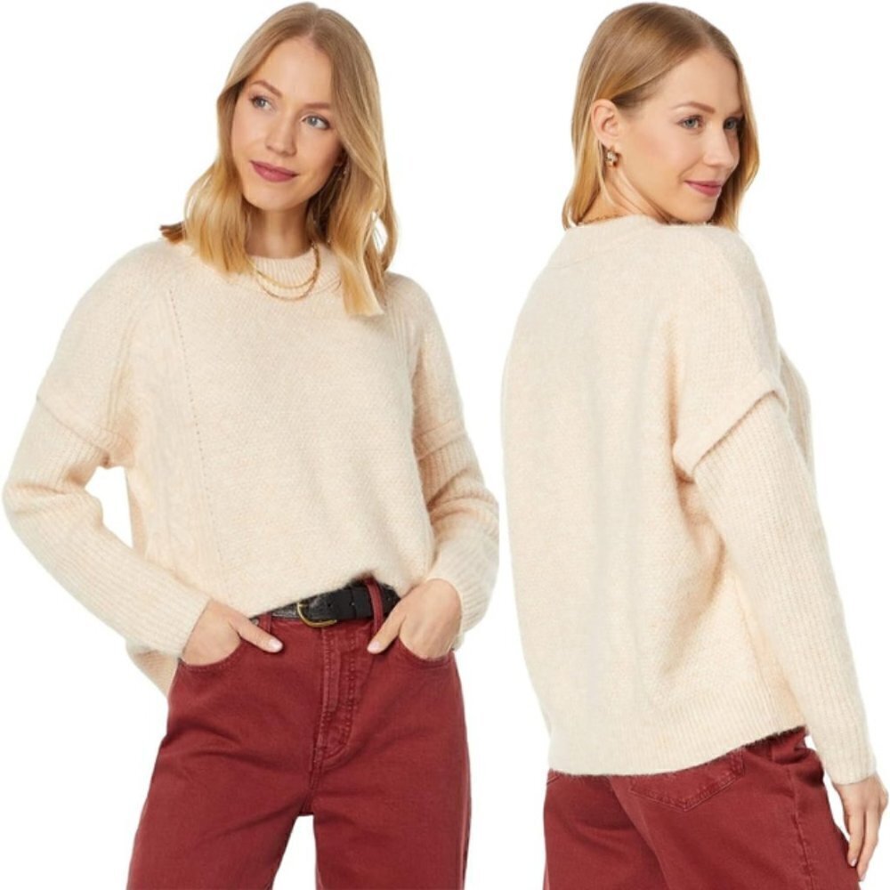 Madewell Kiawah Cable Crewneck Pullover Wool Blend Sweater Cream